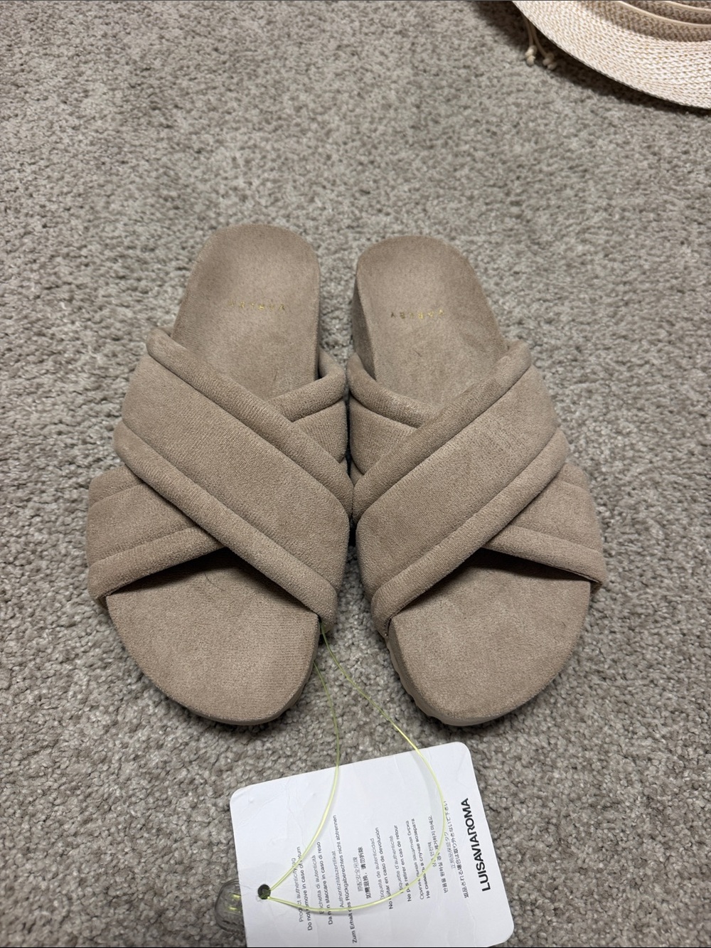 Varley Taupe Quilted Crisscross Slide Sandals